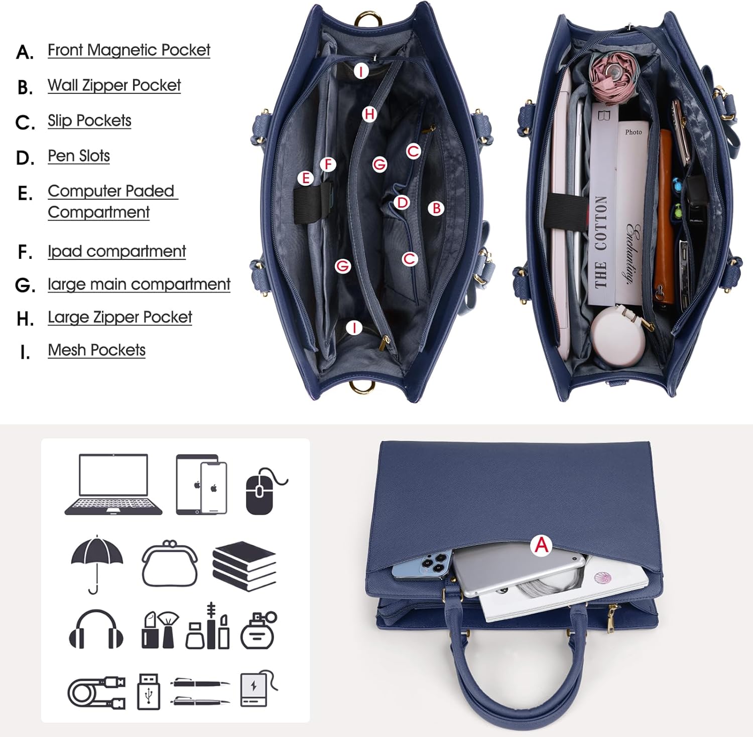 Waterdichte PU Leren Laptoptas met Multi-Pocket Ontwerp voor Dames