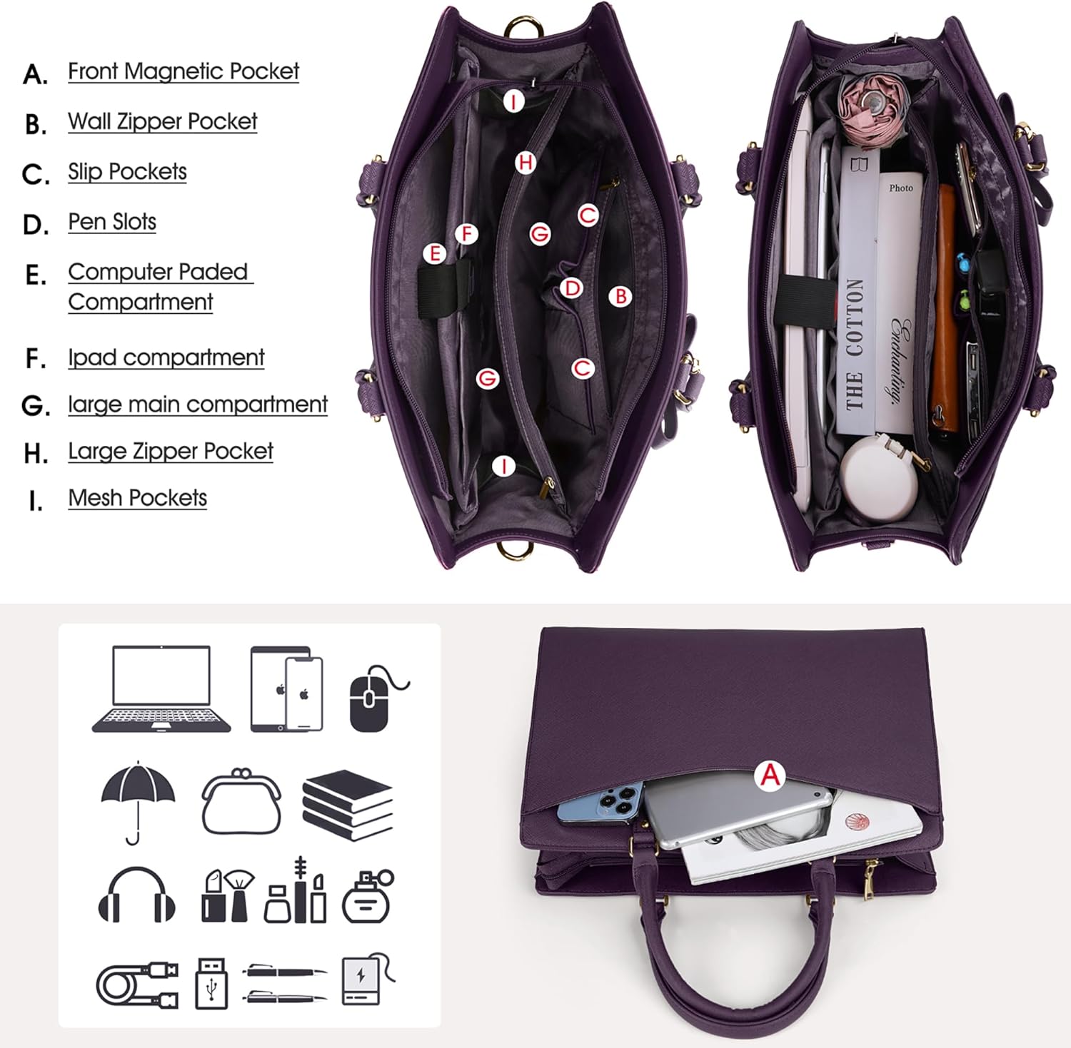 Waterdichte PU Leren Laptoptas met Multi-Pocket Ontwerp voor Dames