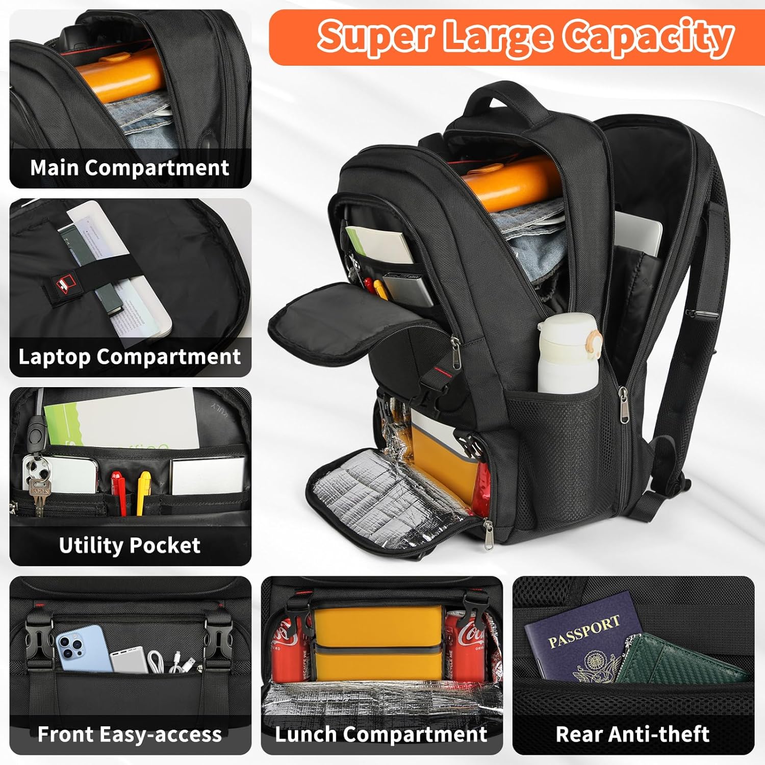 Extra grote rugzak voor lunch en laptop met USB-oplaadpoort