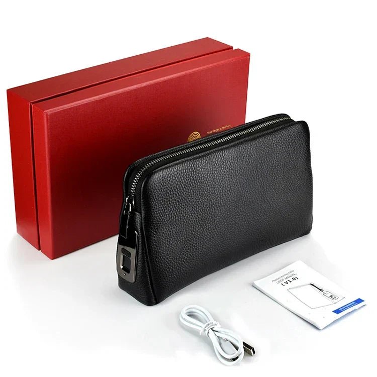 Leren Heren Anti-Diefstal Clutch met Vingerafdrukslot – Zwart
