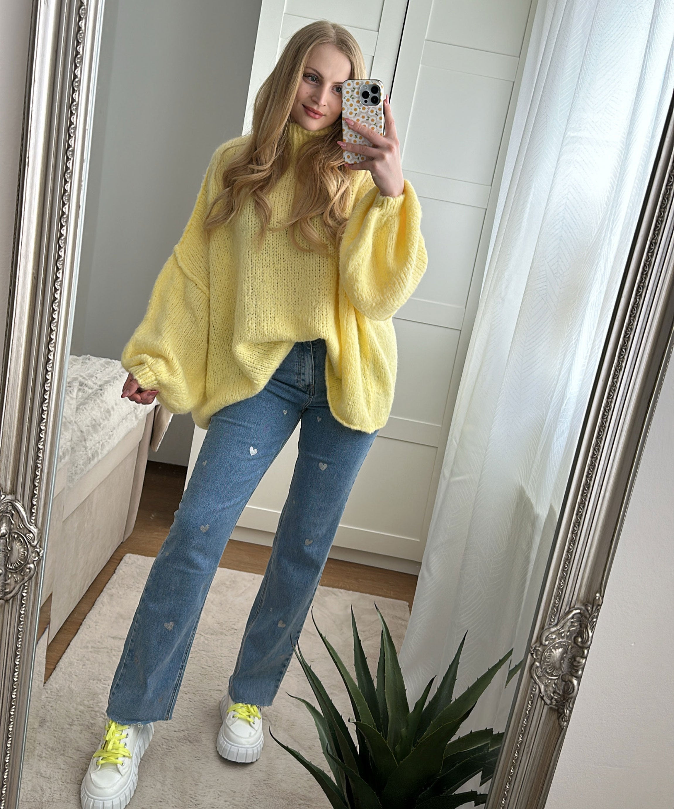 Dames Stretch Jeans met Wijde Pijpen en Hartjesprint - Amelie