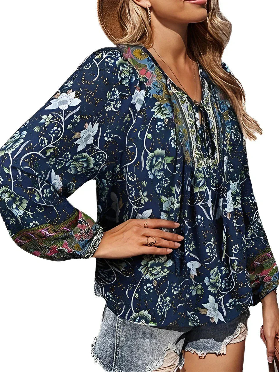 Vintage Boho zomerblouse met bloemenprint en lange mouwen – Sana