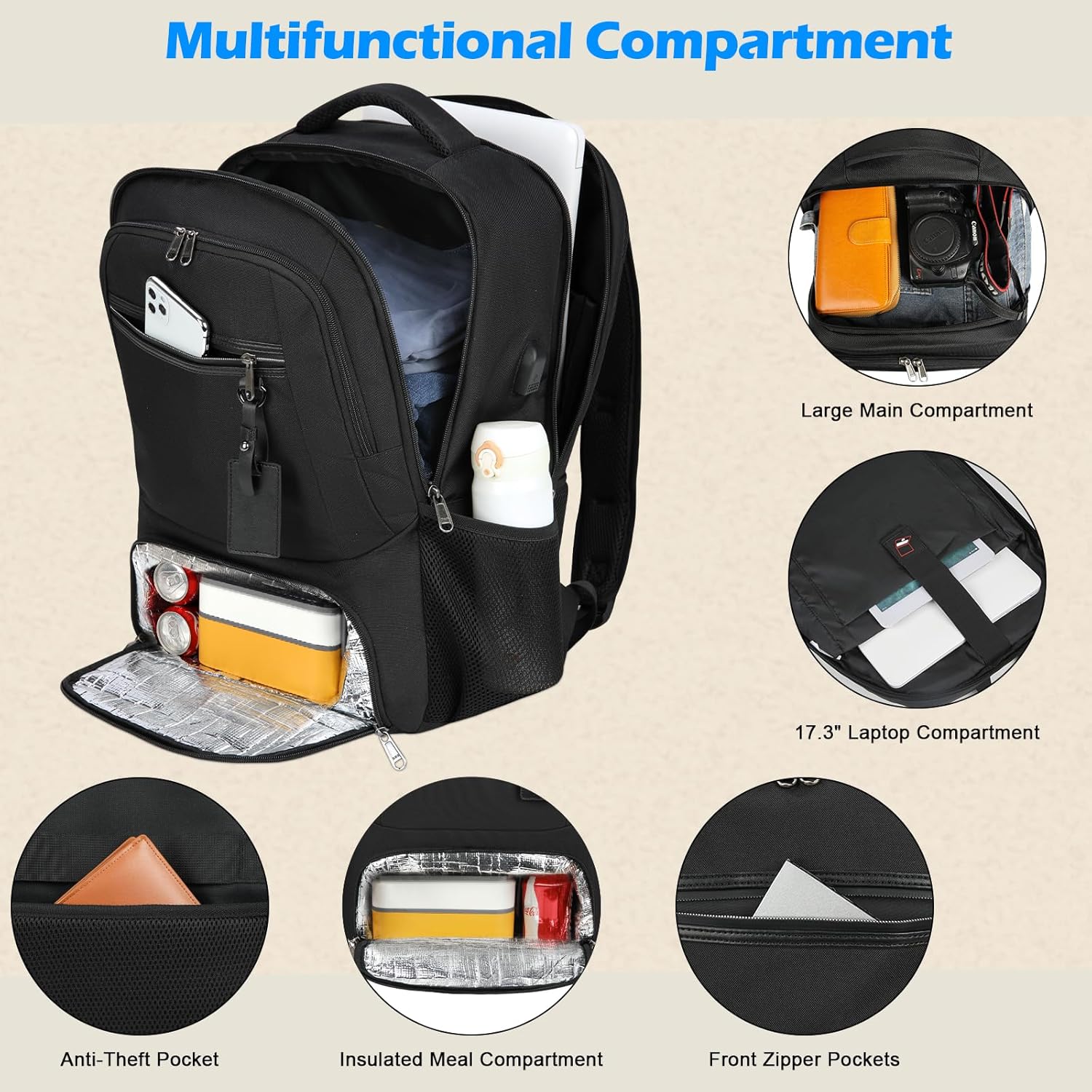 Waterdichte Laptop & Lunch Rugzak met USB Poort – Multi-Vak Reistas