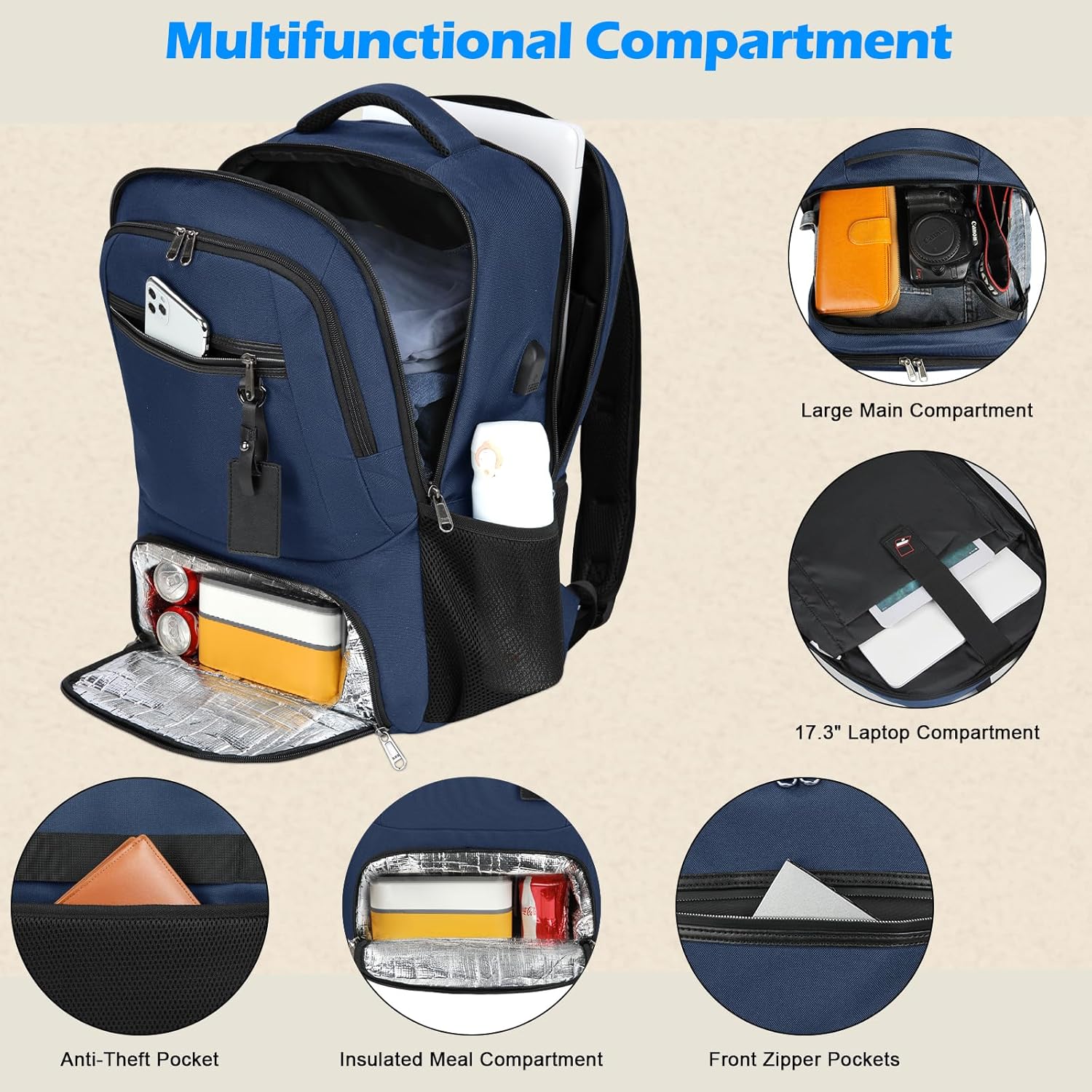Waterdichte Laptop & Lunch Rugzak met USB Poort – Multi-Vak Reistas