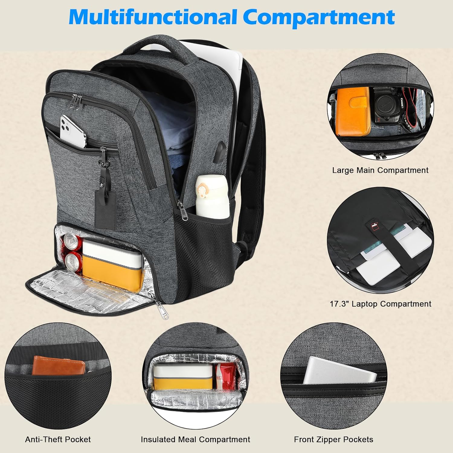 Waterdichte Laptop & Lunch Rugzak met USB Poort – Multi-Vak Reistas