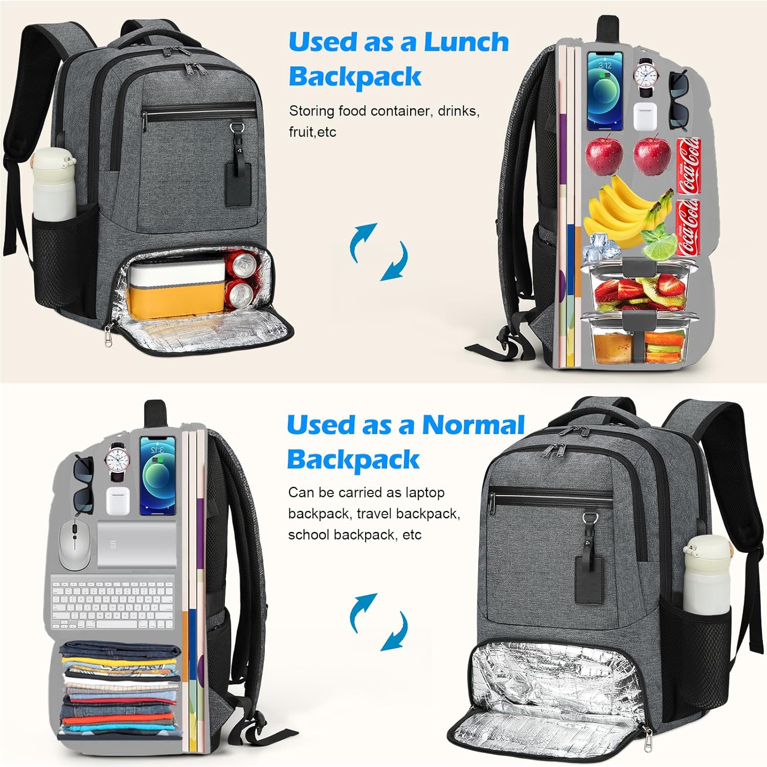 Waterdichte Laptop & Lunch Rugzak met USB Poort – Multi-Vak Reistas