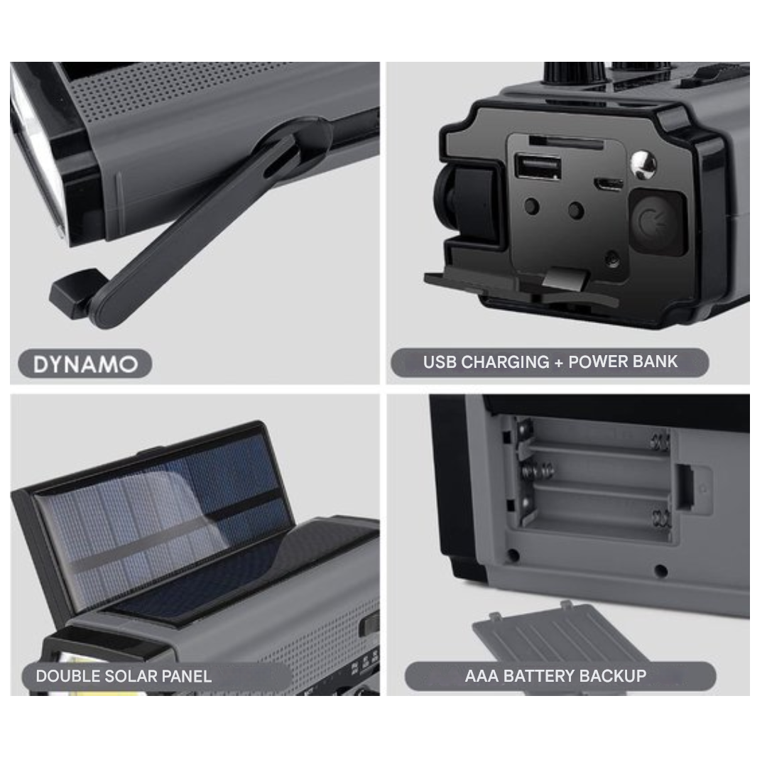 3-in-1 Noodradio met Dynamo, Zonnepanelen & Powerbank - SafeWave