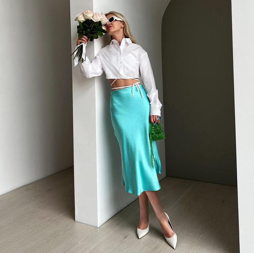 Satijnen glans dames midi rok in A-lijn met hoge taille – Liora