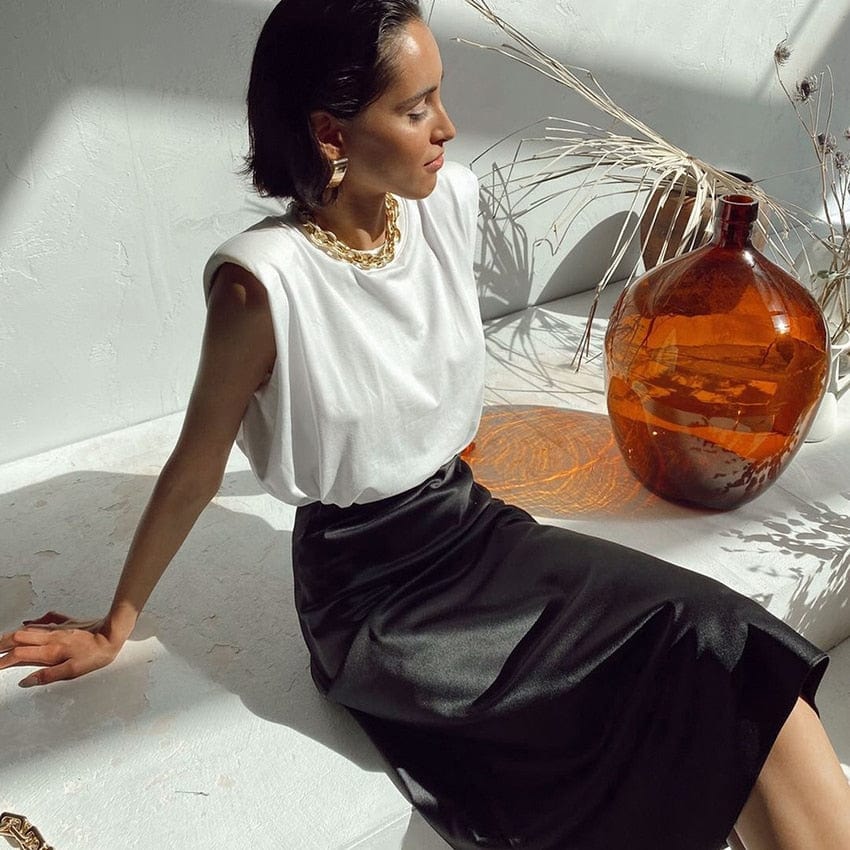 Satijnen glans dames midi rok in A-lijn met hoge taille – Liora