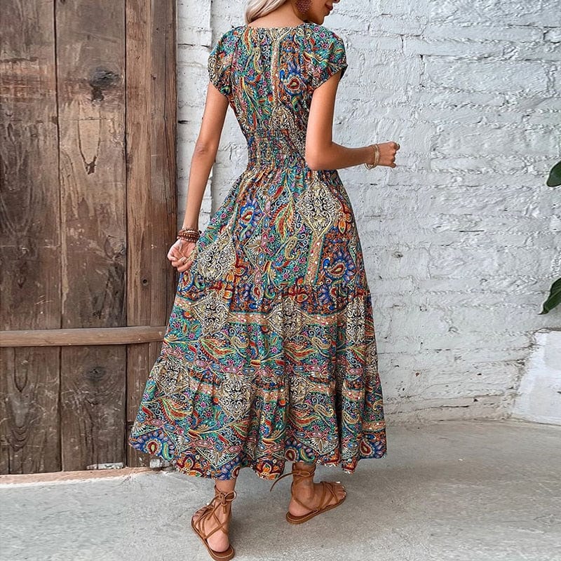 Luchtige dames maxidress met boho print & V-hals - Nayeli