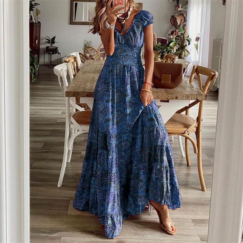 Luchtige dames maxidress met boho print & V-hals - Nayeli