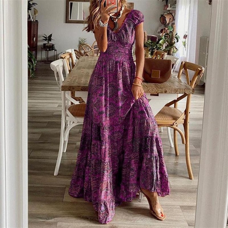 Luchtige dames maxidress met boho print & V-hals - Nayeli
