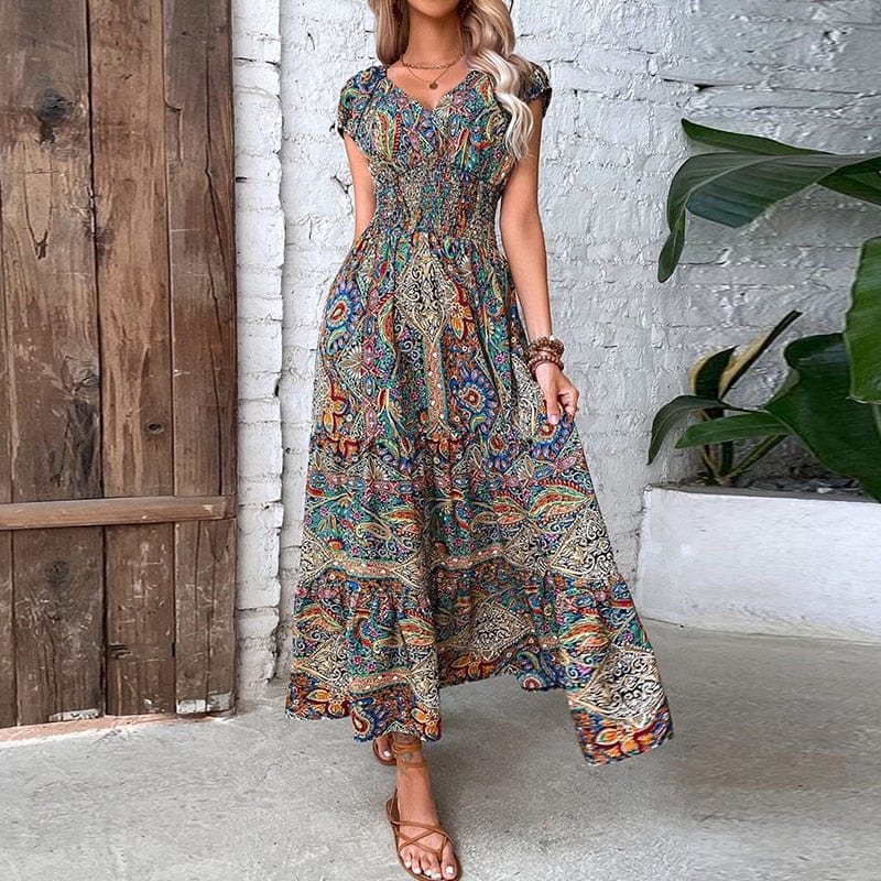 Luchtige dames maxidress met boho print & V-hals - Nayeli