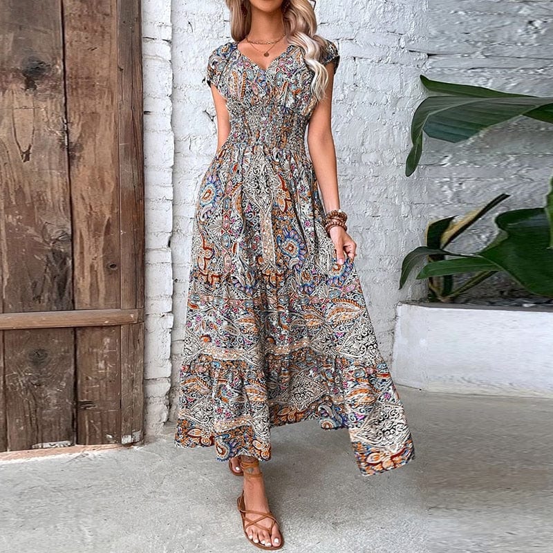 Luchtige dames maxidress met boho print & V-hals - Nayeli