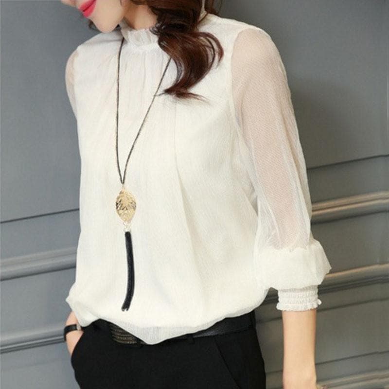 Stijlvolle dames chiffon blouse met ruches en transparante mouwen – Elina