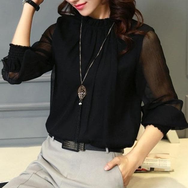 Stijlvolle dames chiffon blouse met ruches en transparante mouwen – Elina