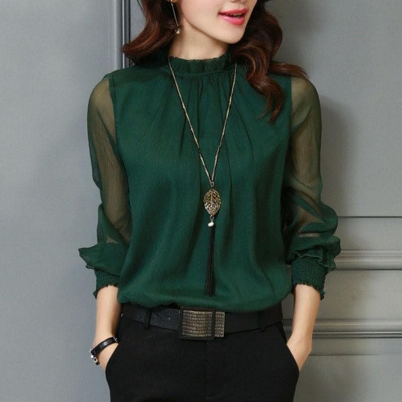 Stijlvolle dames chiffon blouse met ruches en transparante mouwen – Elina