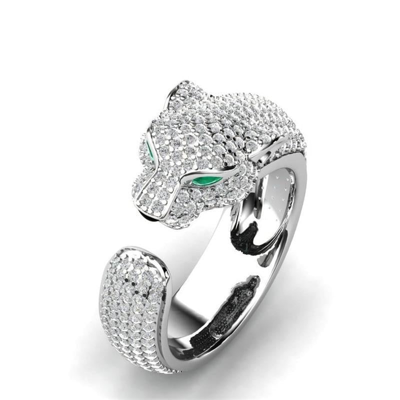 Verstelbare Ring in 18K Zilver en Roségoud met Groene Zirkonia-Ogen - Jaguar Ring™