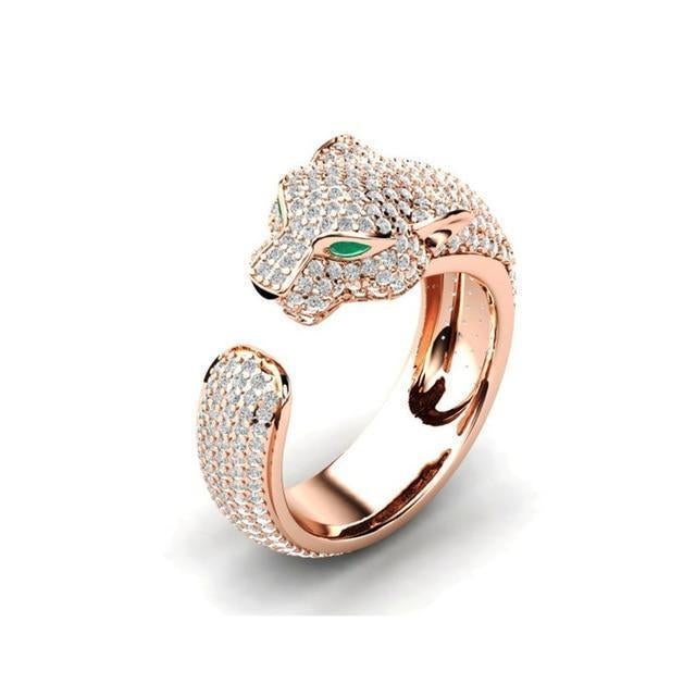 Verstelbare Ring in 18K Zilver en Roségoud met Groene Zirkonia-Ogen - Jaguar Ring™