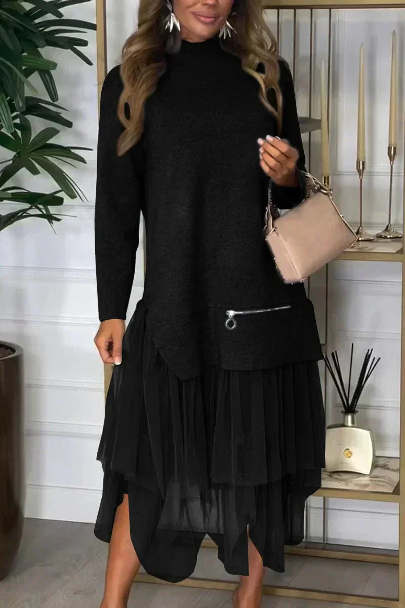 Casual Jurk Met Lange Mouwen En Mesh Rok – Ysolde