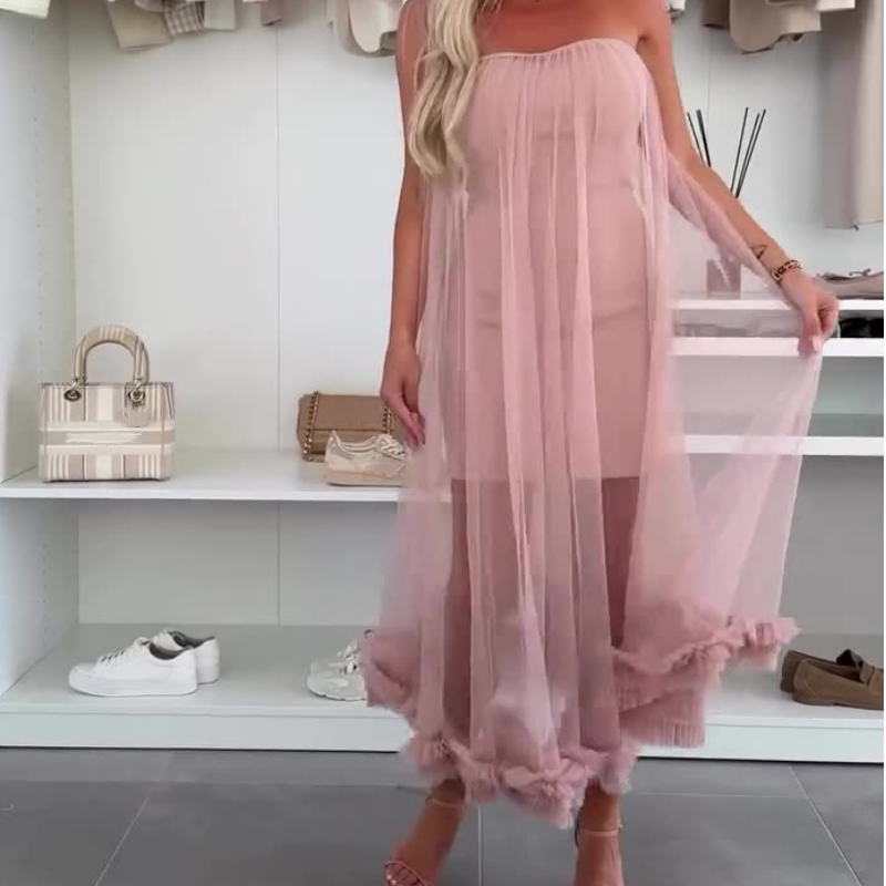 Schoudervrije Tule Jurk met Ruches - Nea