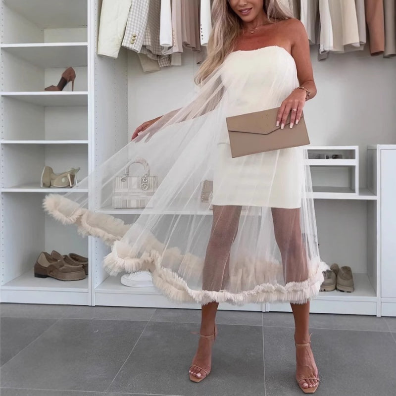 Schoudervrije Tule Jurk met Ruches - Nea