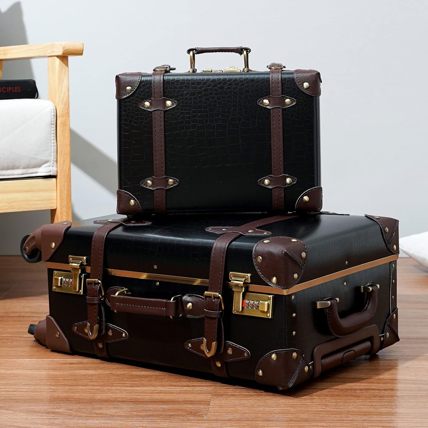 2-delige Vintage-geïnspireerde Koffer Set met Spinner Wielen en Beschermhoes