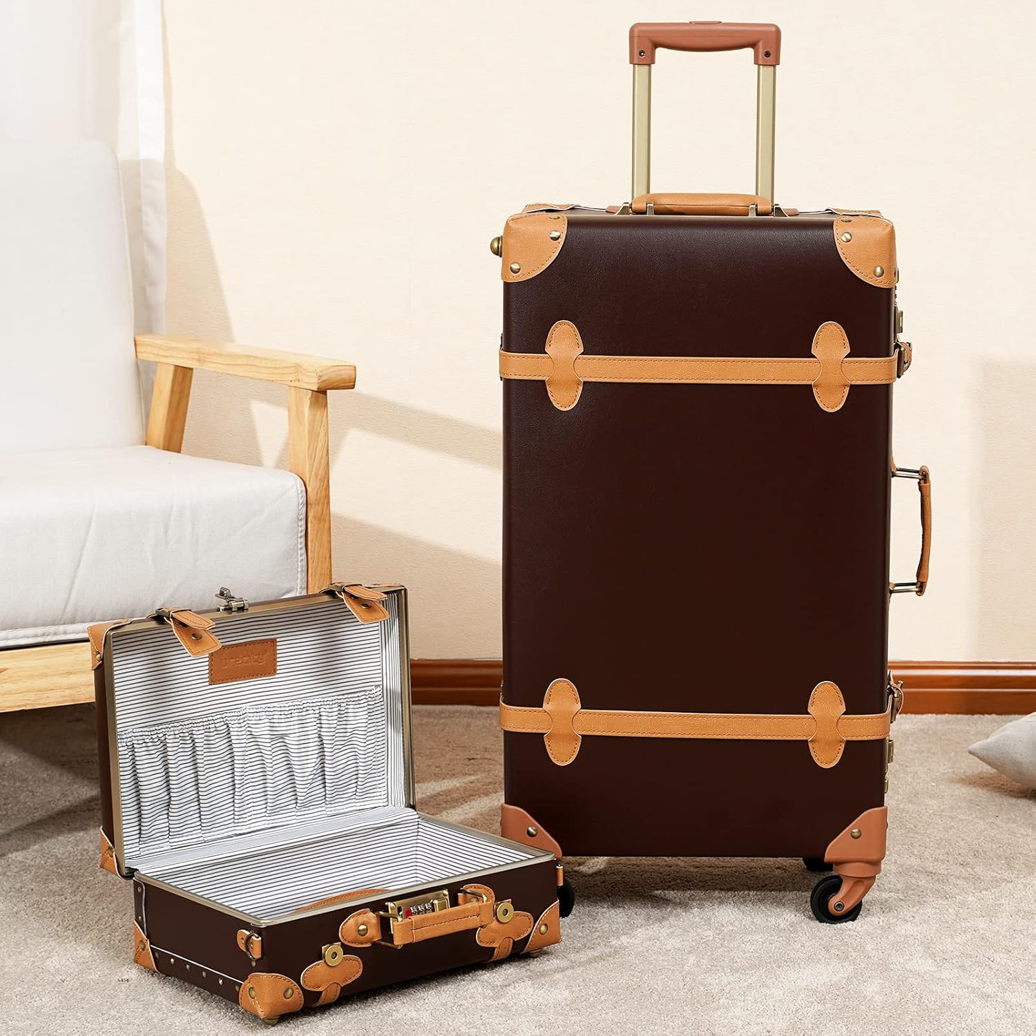 2-delige Vintage-geïnspireerde Koffer Set met Spinner Wielen en Beschermhoes