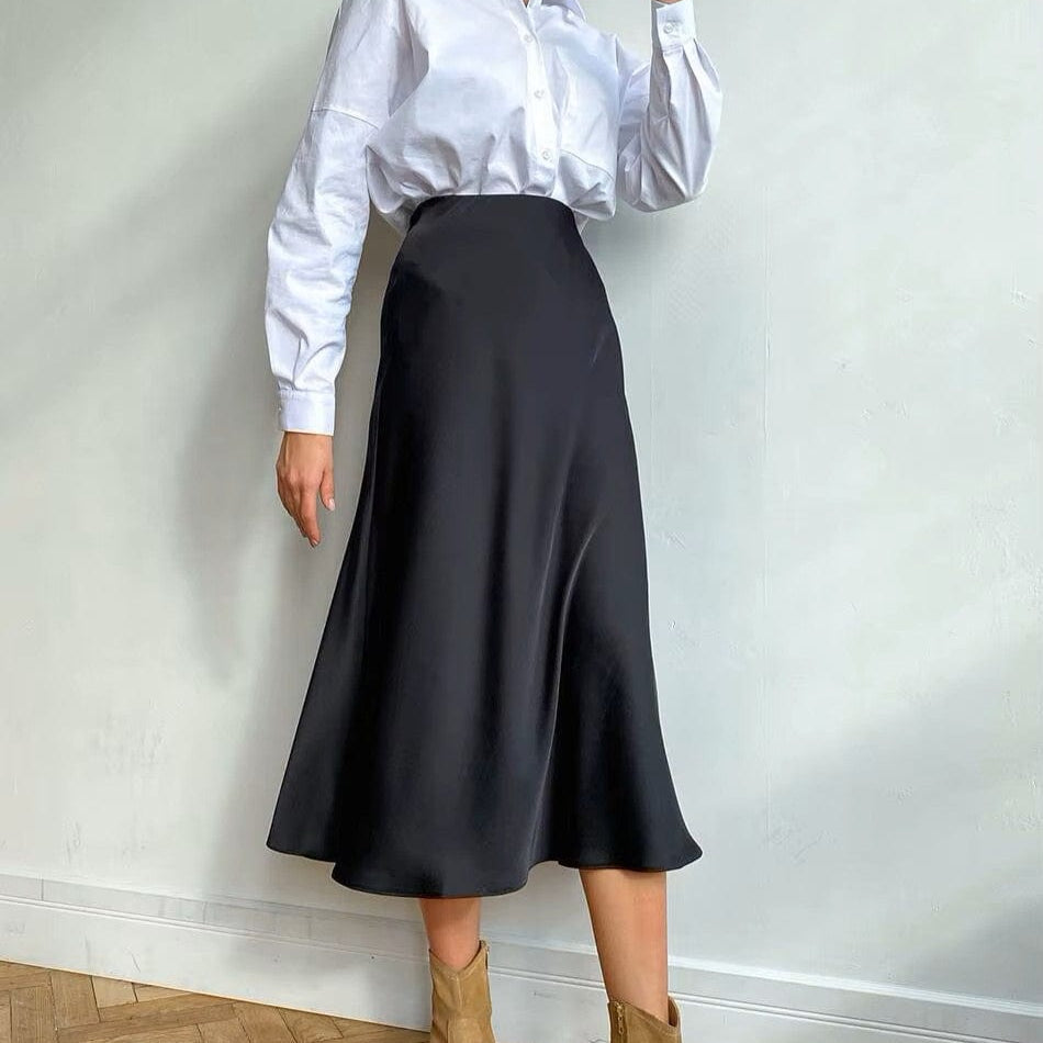 Satijnen glans dames midi rok in A-lijn met hoge taille – Liora