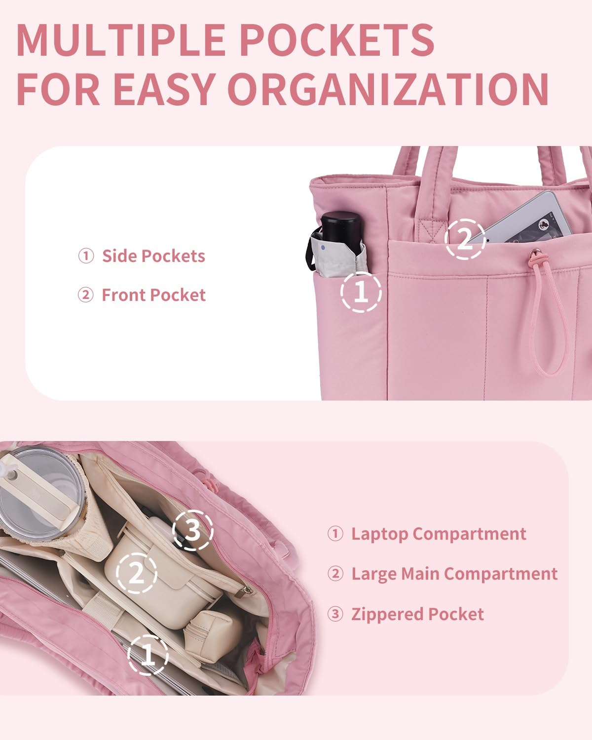 Gewatteerde Puffer Schoudertas met Bekerhouder & Laptop Sleeve voor Reizen en Werk