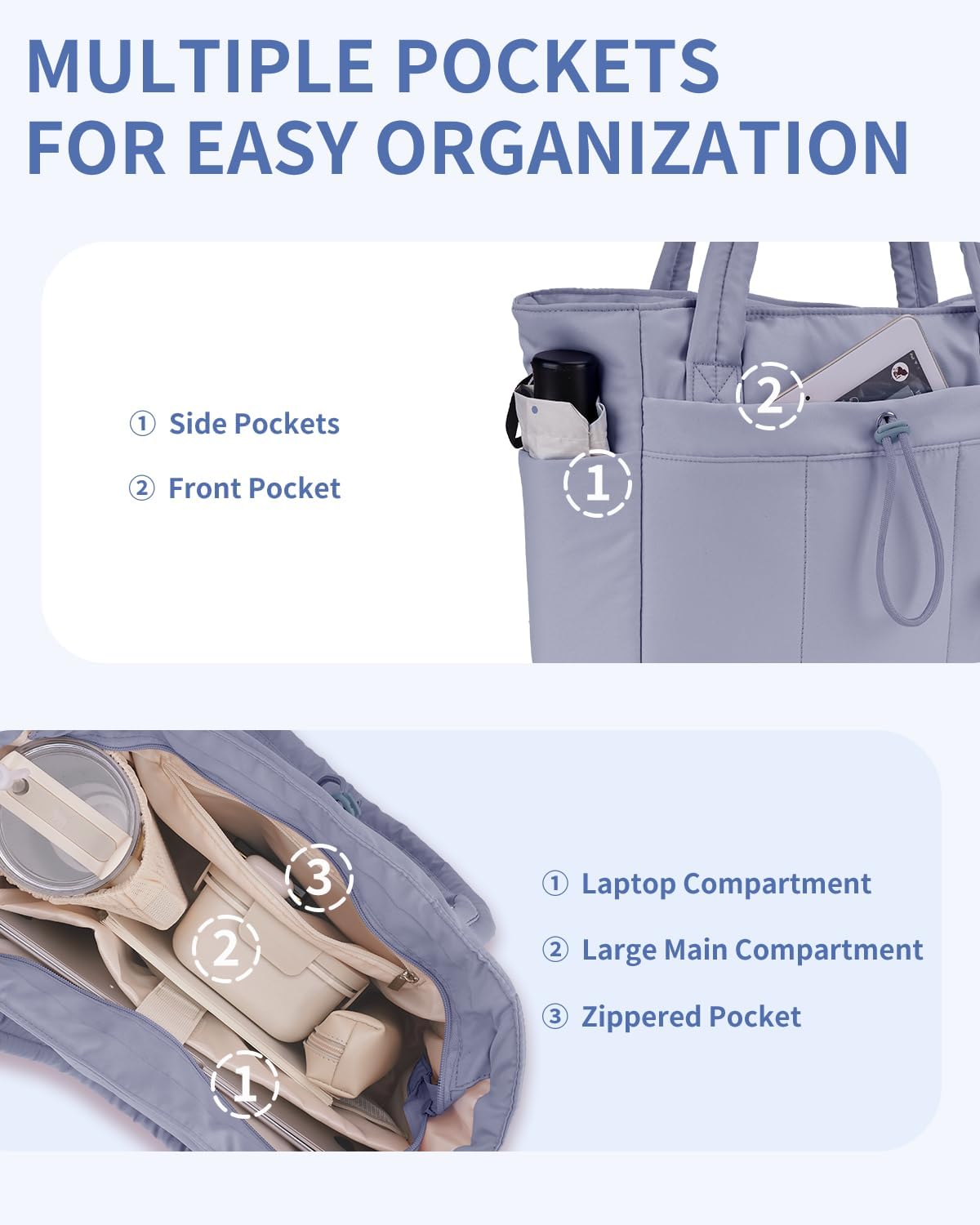 Gewatteerde Puffer Schoudertas met Bekerhouder & Laptop Sleeve voor Reizen en Werk