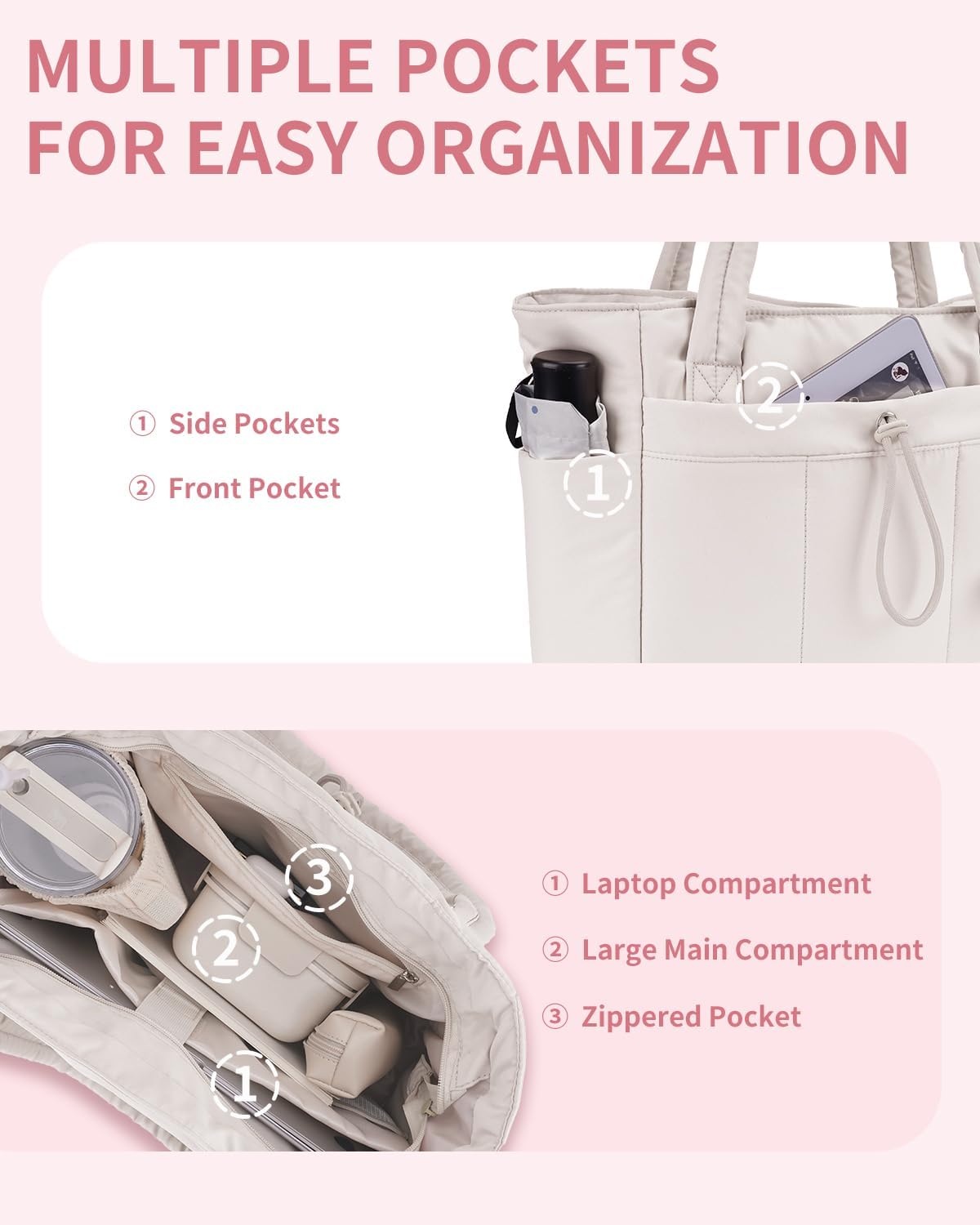 Gewatteerde Puffer Schoudertas met Bekerhouder & Laptop Sleeve voor Reizen en Werk