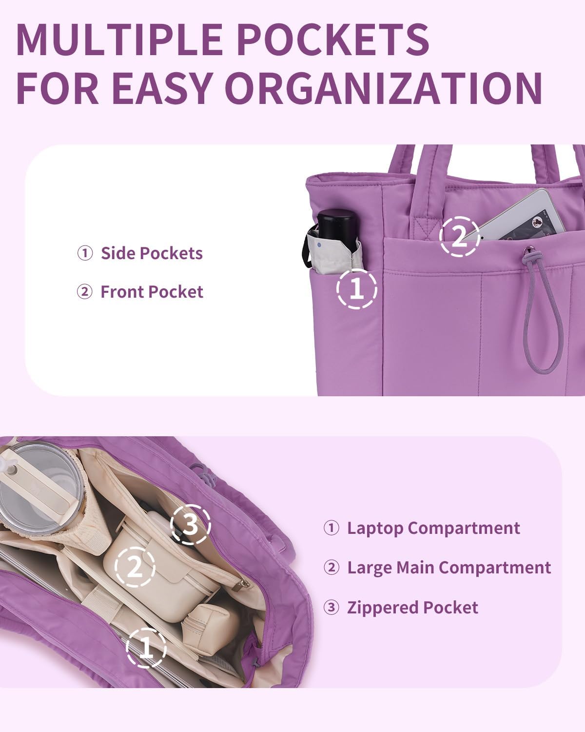 Gewatteerde Puffer Schoudertas met Bekerhouder & Laptop Sleeve voor Reizen en Werk