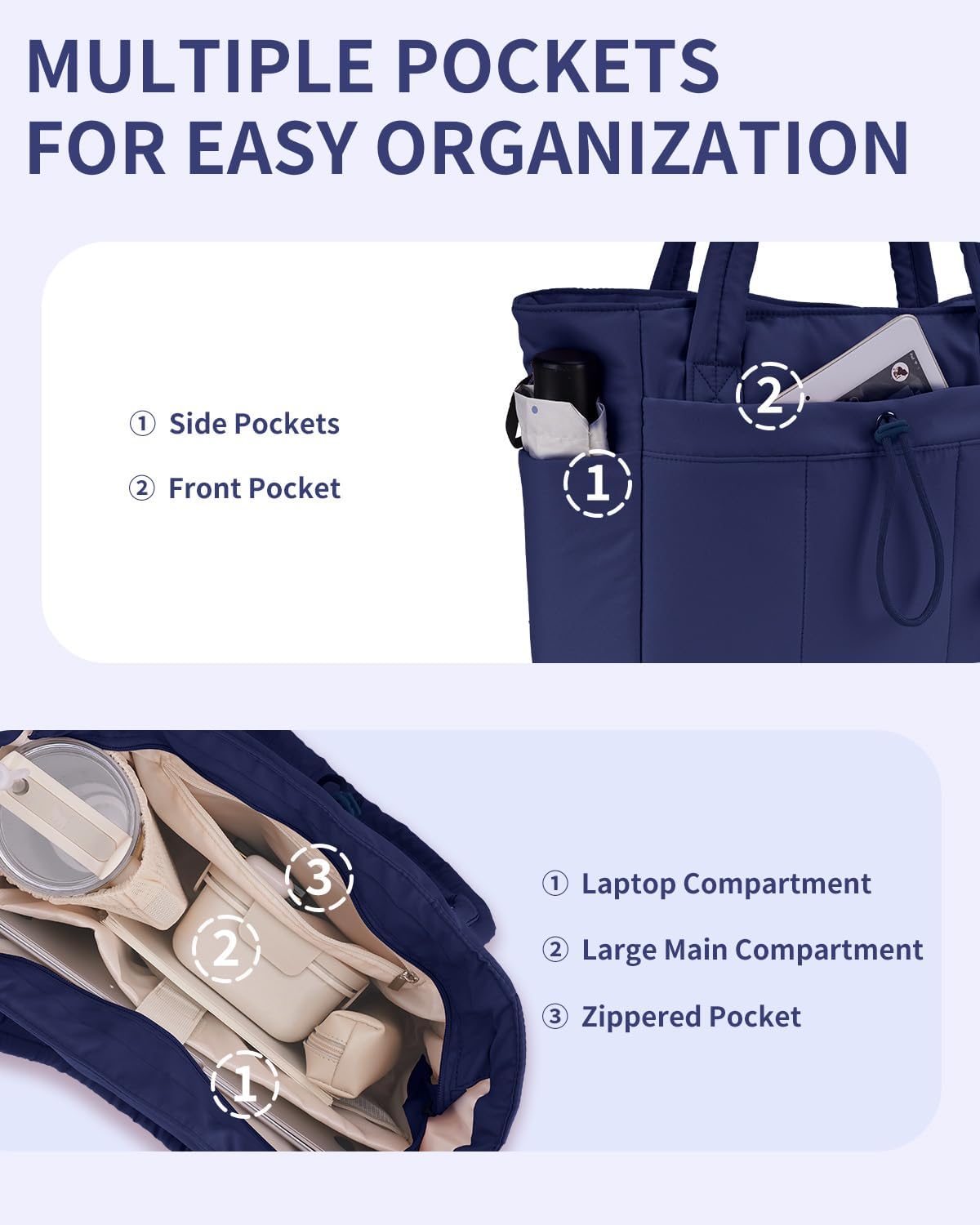 Gewatteerde Puffer Schoudertas met Bekerhouder & Laptop Sleeve voor Reizen en Werk