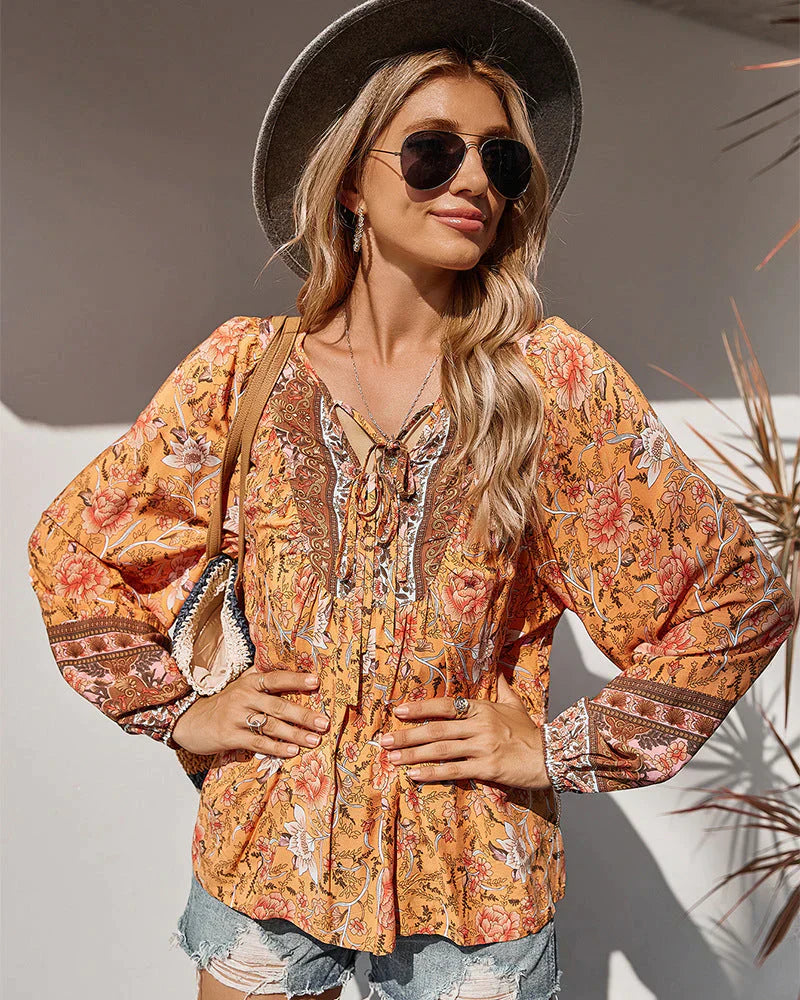 Vintage Boho zomerblouse met bloemenprint en lange mouwen – Sana