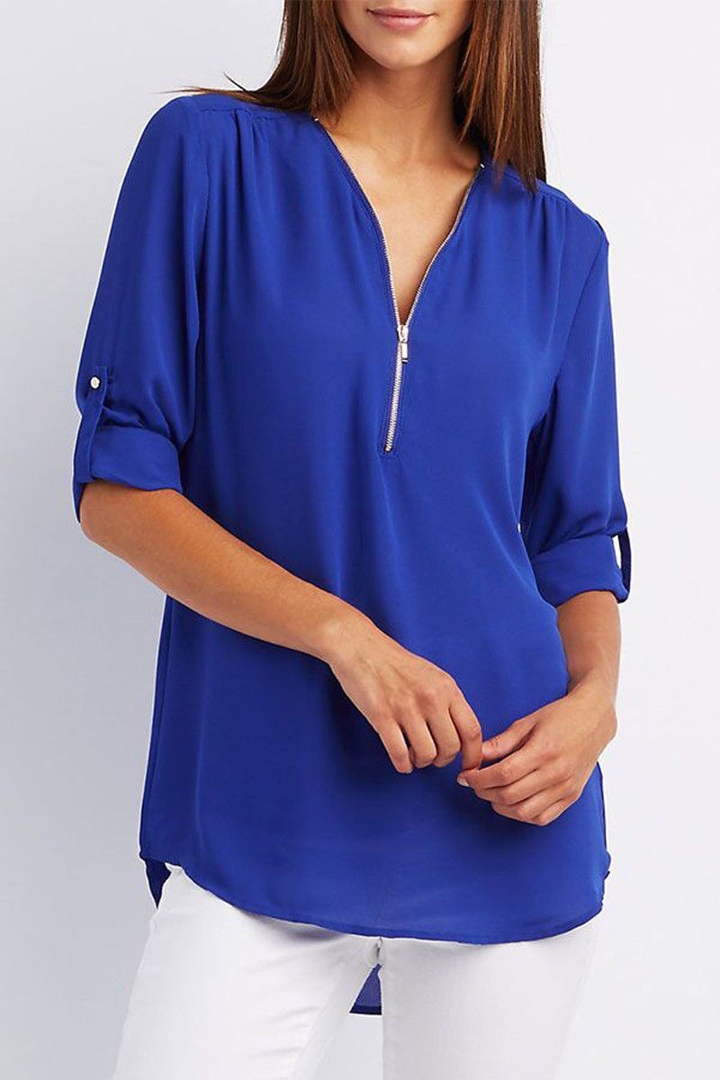 Plus size V-hals Rits Lange Mouw Shirt | Sexy Casual Blouse voor Vrouwen