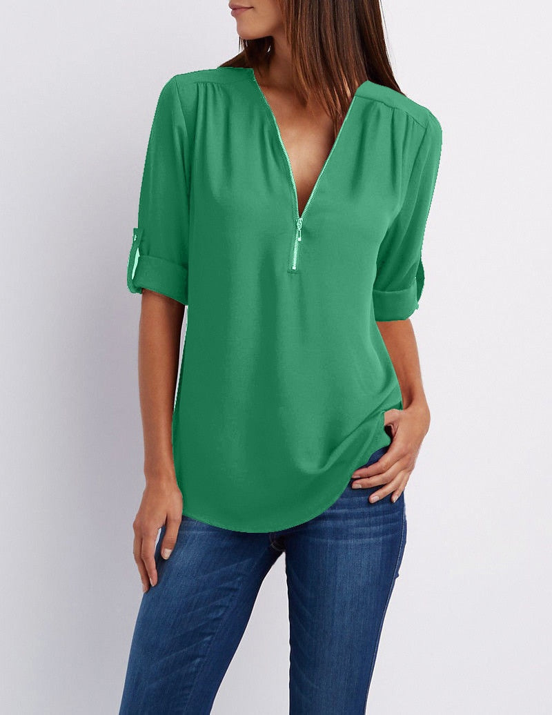 Plus size V-hals Rits Lange Mouw Shirt | Sexy Casual Blouse voor Vrouwen