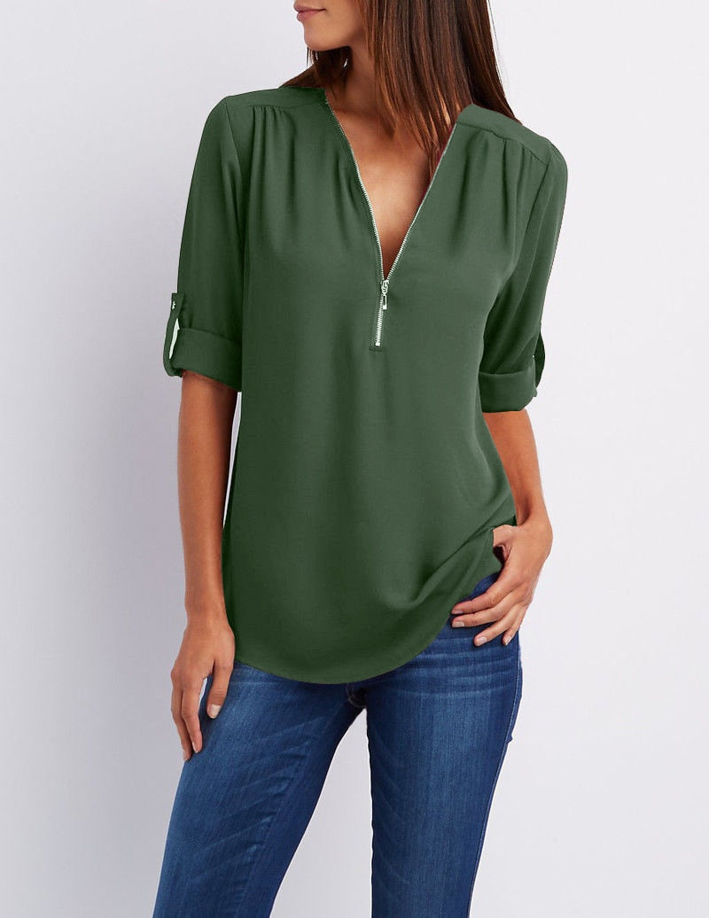 Plus size V-hals Rits Lange Mouw Shirt | Sexy Casual Blouse voor Vrouwen