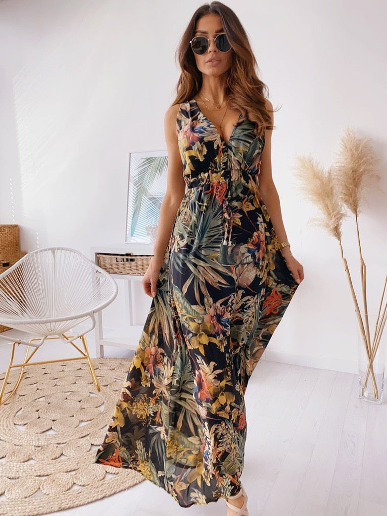 Elegante V-Hals Maxi Jurk | Sexy Mouwloze Rugloze Jurk