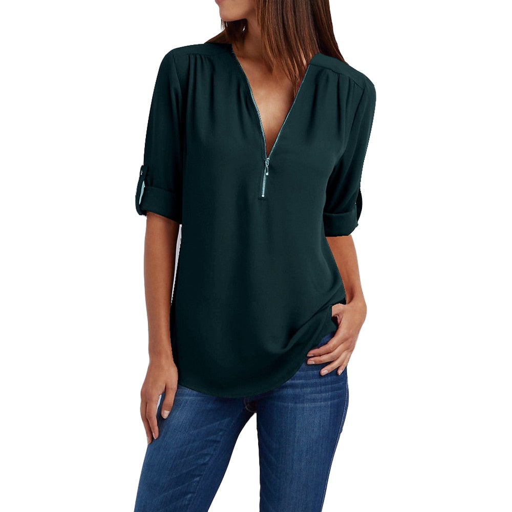 Plus size V-hals Rits Lange Mouw Shirt | Sexy Casual Blouse voor Vrouwen