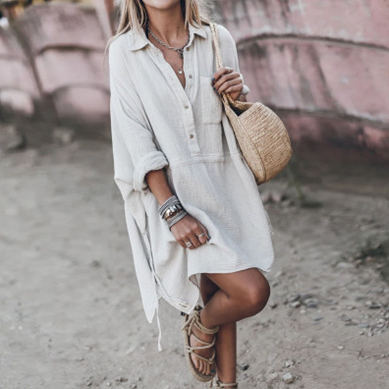Katoenen Oversized Casual Lange Overhemdjurk voor Vrouwen | Voorjaar Trendy Strandmode