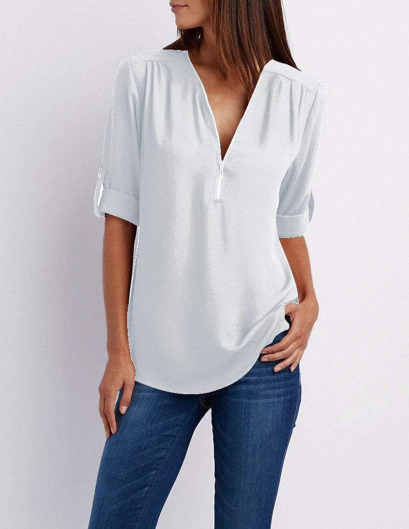 Plus size V-hals Rits Lange Mouw Shirt | Sexy Casual Blouse voor Vrouwen