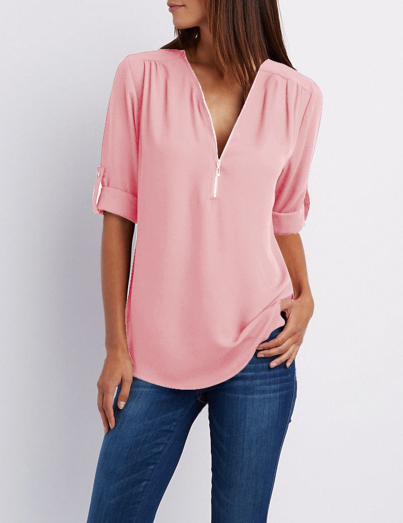 Plus size V-hals Rits Lange Mouw Shirt | Sexy Casual Blouse voor Vrouwen