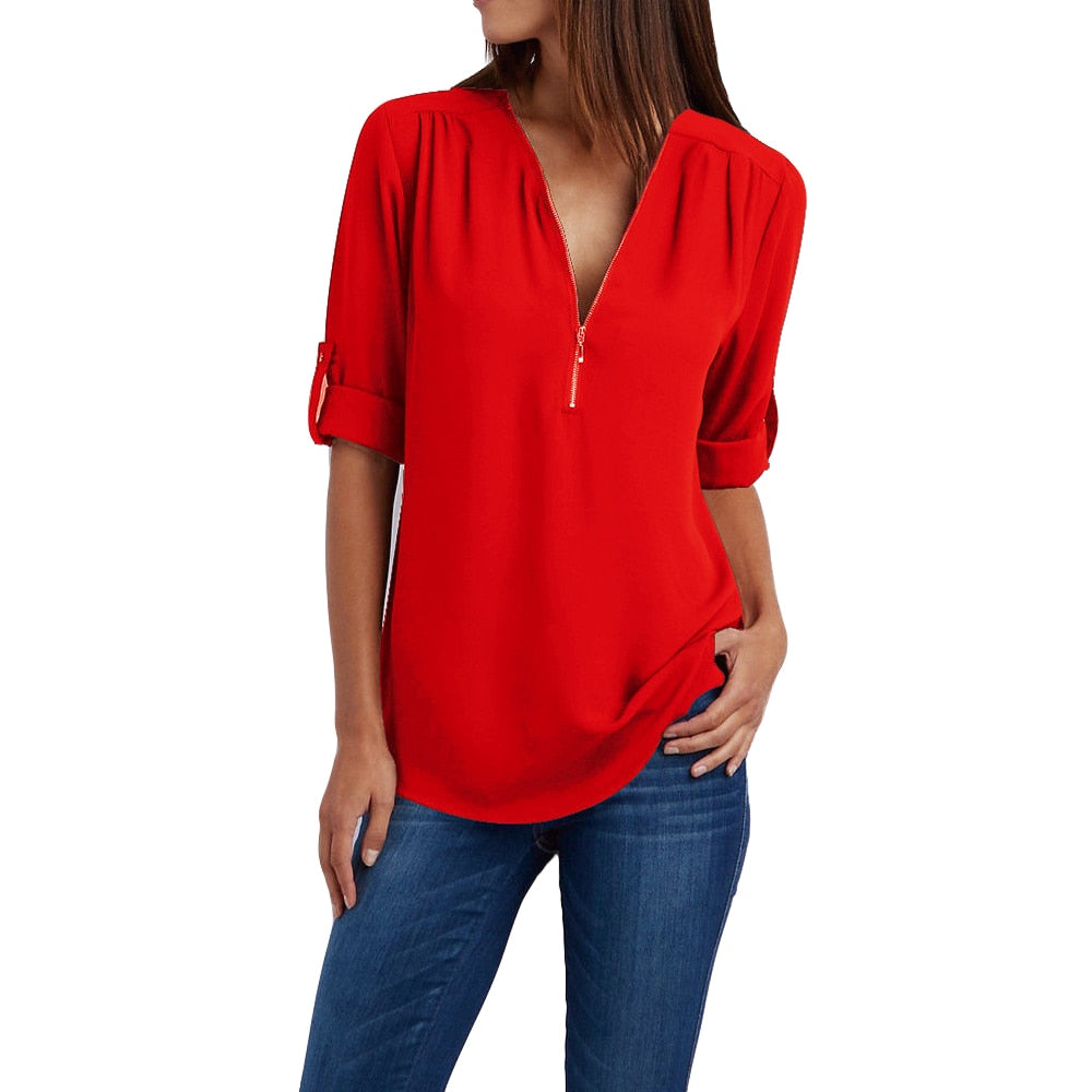 Plus size V-hals Rits Lange Mouw Shirt | Sexy Casual Blouse voor Vrouwen