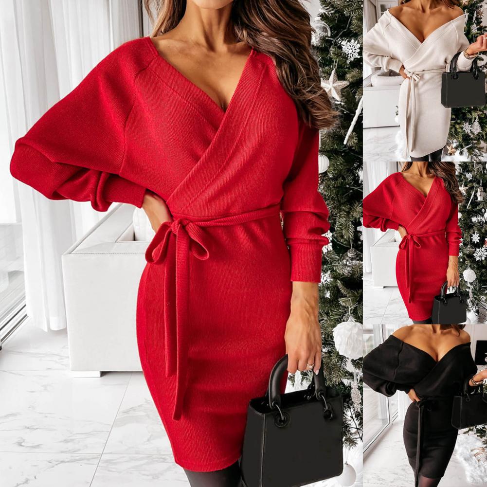 Gebreide Lange Mouw Trui Jurk | Korte Jurk met Riem