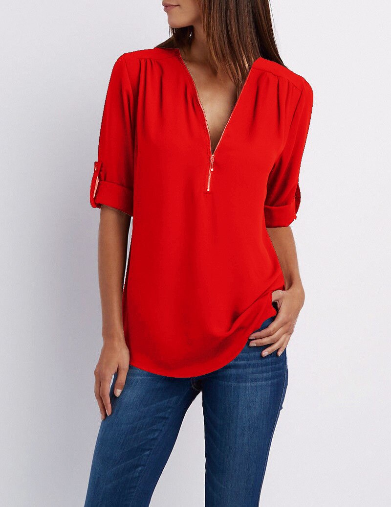 Plus size V-hals Rits Lange Mouw Shirt | Sexy Casual Blouse voor Vrouwen