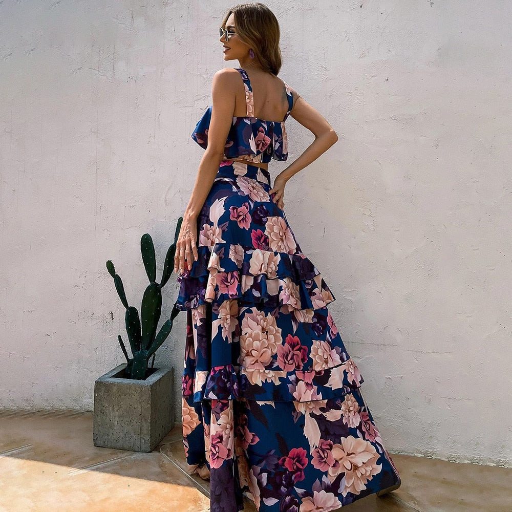 Tweedelige set in vakantiestijl | Top met bandjes en rok met ruches