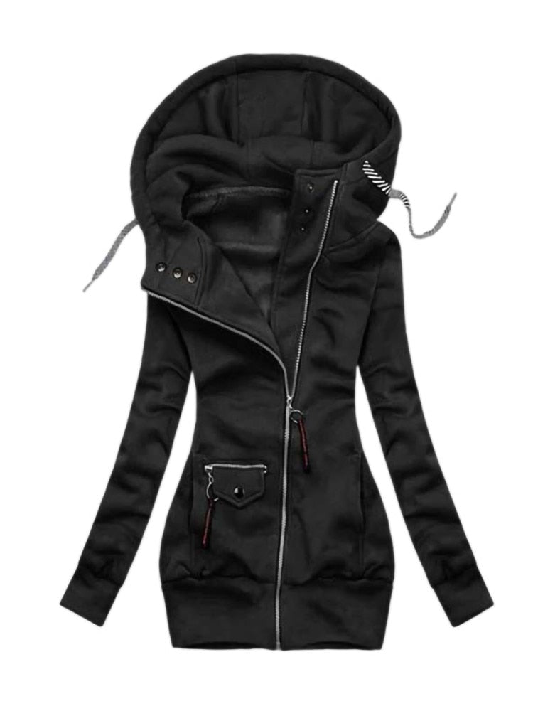 Vrouwen Mode Slimme Jas Met Capuchon | Lange Mouw Trekkoord Jas Rits Bovenkleding