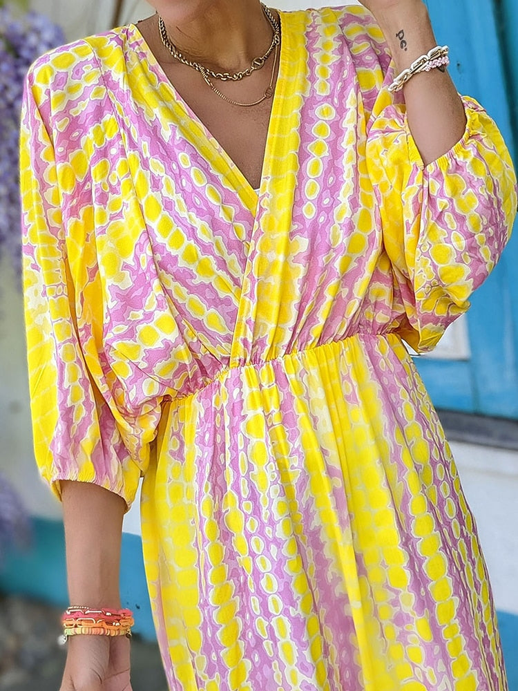 Geometrische Print Boho Puff Mouw V-Hals Jurk | Strandvakantie Kleding