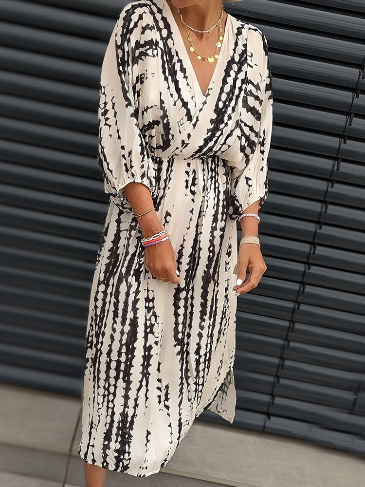 Geometrische Print Boho Puff Mouw V-Hals Jurk | Strandvakantie Kleding